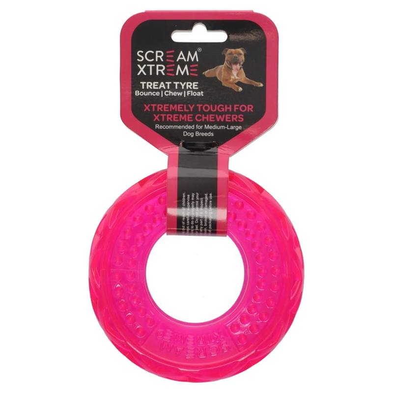 SCREAM Xtreme Treat Tyre Dog Toy Pink