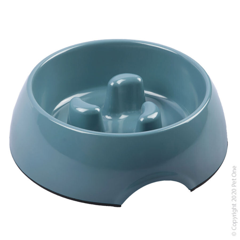 Pet One Round Melamine Slow Down Feed Bowl Blue Stone