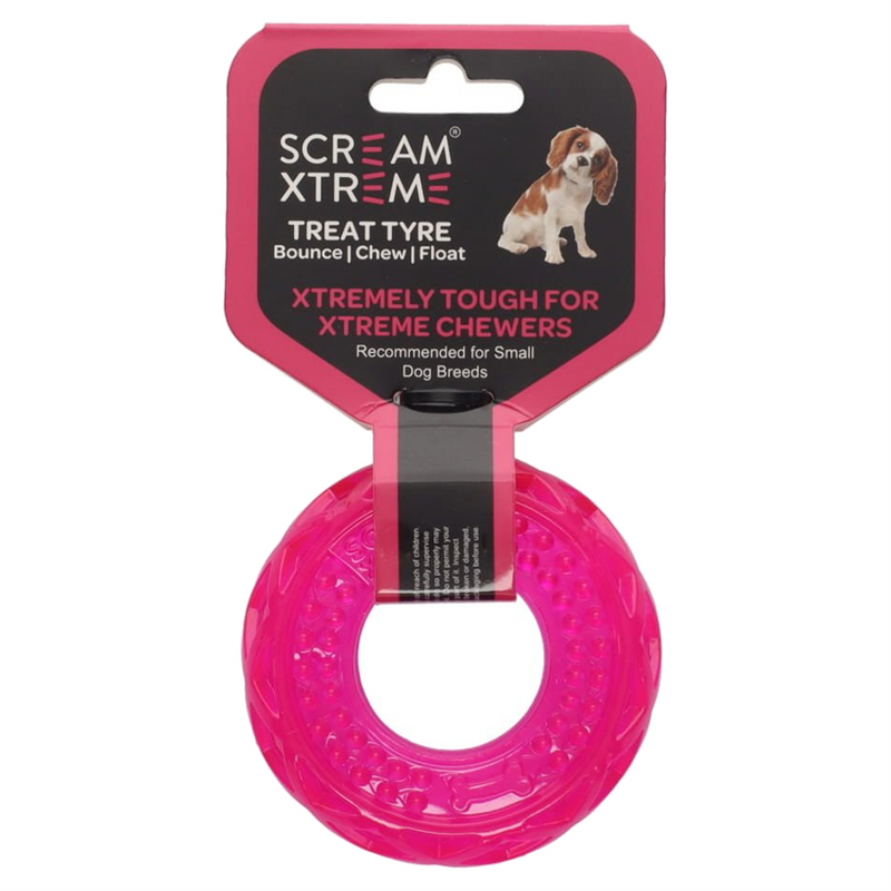 SCREAM Xtreme Treat Tyre Dog Toy Pink