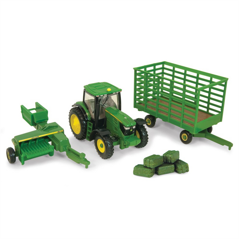 John Deere 1:64 Tractor with Square Baler & Wagon Toy